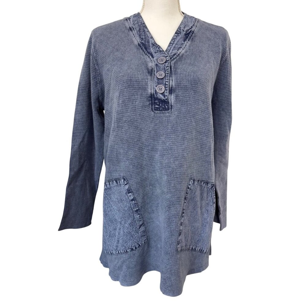 PBJ Blues Womens Indigo Tunic Shirt M/M Y2K NWT Cotton Waffle Knit With Pockets